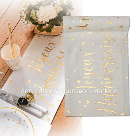 Chemin De Table Joyeux Anniversaire Metalise Blanc